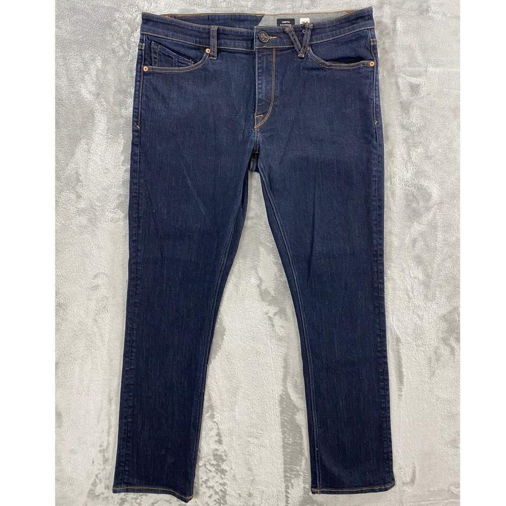 Volcom Vorta Slim Straight Jeans Mens 34 Dark Indigo Skate Streetwear A1931501